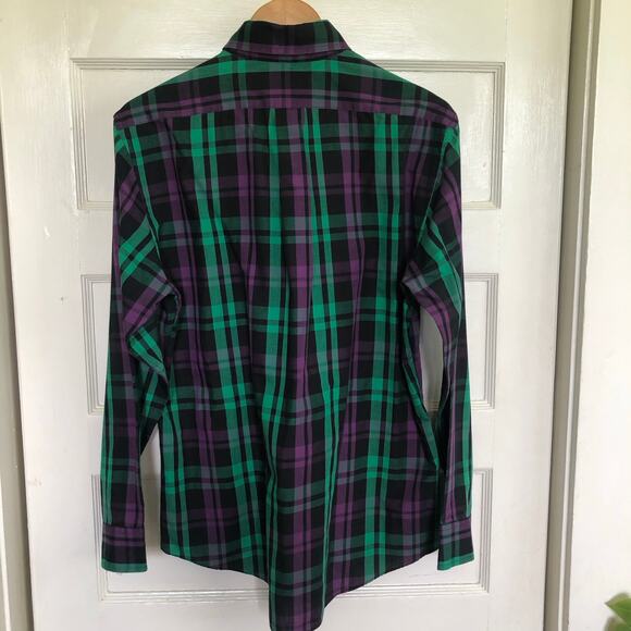 VTG 70s Parkshire Plaid Button Down Dress Shirt L Green Purple Korea Retro Prep - Picture 3 of 6